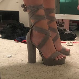 gray suede lace up heels